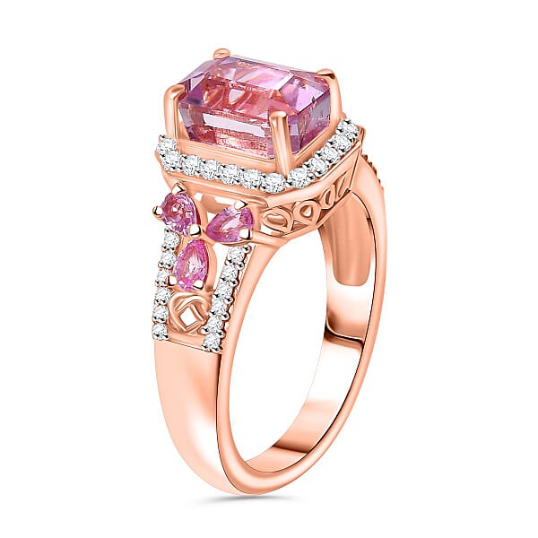 D'Joy Patroke Kunzite And Multi Gemstone 4.00 Ctw Halo Ring In 18K Vermeil Rose Gold Over Sterling Silver