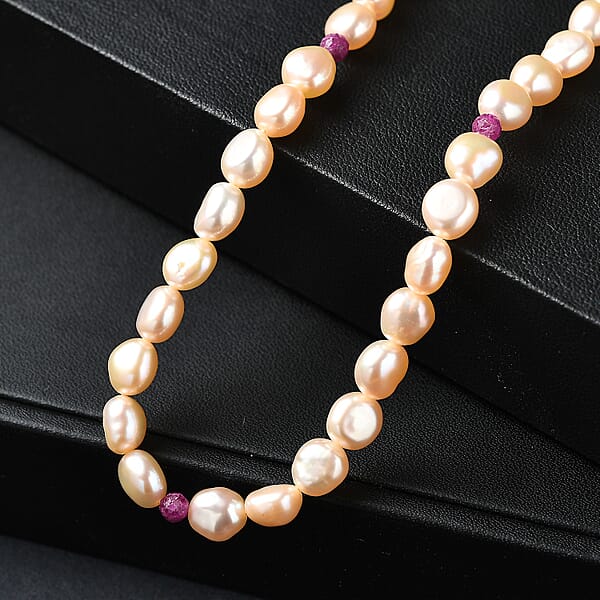D'Joy Peach Freshwater Pearl And Ruby 2.00 Ctw Necklace In 18K Vermeil Yellow Gold Over Sterling Silver 18 Inches