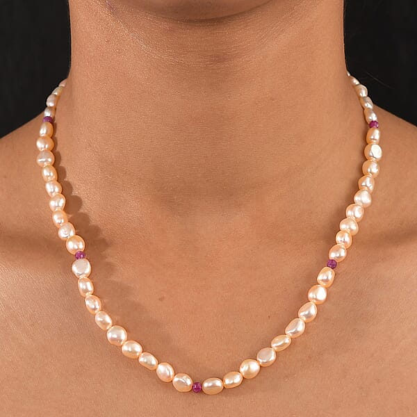 D'Joy Peach Freshwater Pearl And Ruby 2.00 Ctw Necklace In 18K Vermeil Yellow Gold Over Sterling Silver 18 Inches