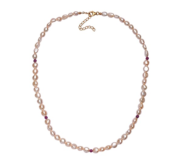 D'Joy Peach Freshwater Pearl And Ruby 2.00 Ctw Necklace In 18K Vermeil Yellow Gold Over Sterling Silver 18 Inches