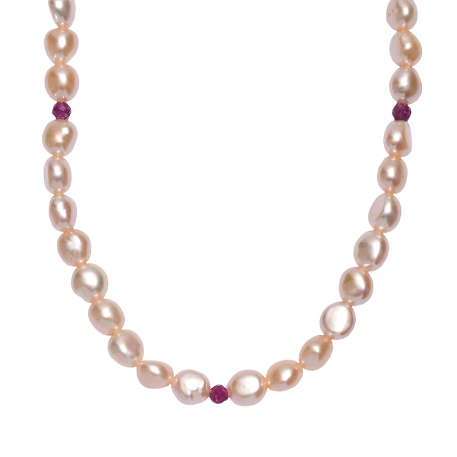 D'Joy Peach Freshwater Pearl and Ruby 2.00 ctw Necklace in 18K Vermeil Yellow Gold Over Sterling Silver 18 Inches