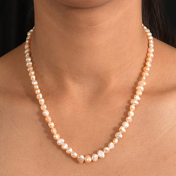 D'Joy Peach Freshwater Pearl Necklace In 18K Vermeil Yellow Gold Over Sterling Silver 18 Inches