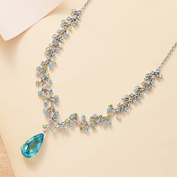 D'Joy Peacock Quartz (Triplet) And Multi Gemstone 27.00 Ctw Garden Oasis Necklace In Rhodium Over Sterling Silver 18-20 Inches