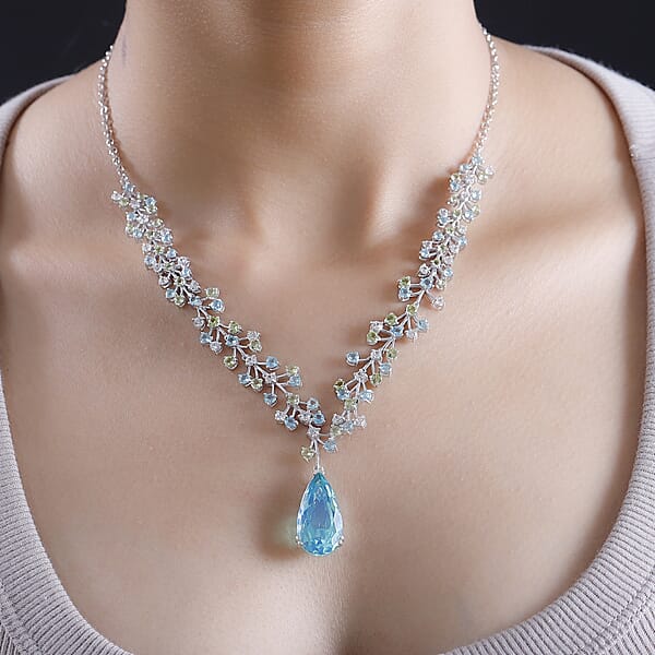 D'Joy Peacock Quartz (Triplet) And Multi Gemstone 27.00 Ctw Garden Oasis Necklace In Rhodium Over Sterling Silver 18-20 Inches