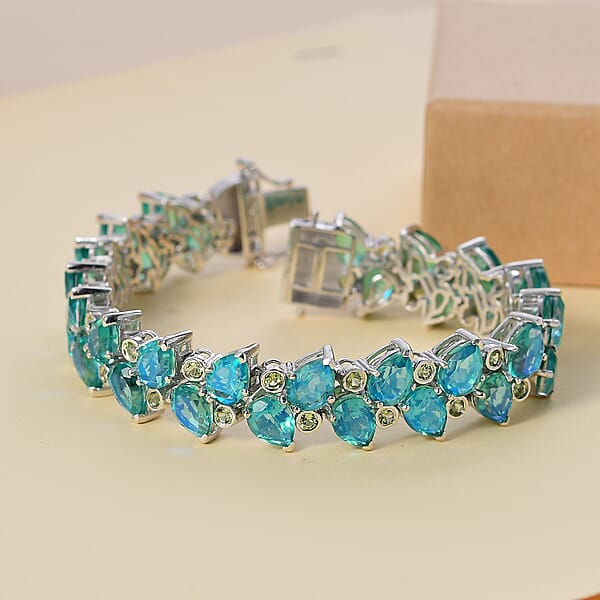 D'Joy Peacock Quartz (Triplet) And Peridot 45.40 Ctw Feather Bracelet In Rhodium Over Sterling Silver (7.25 In)