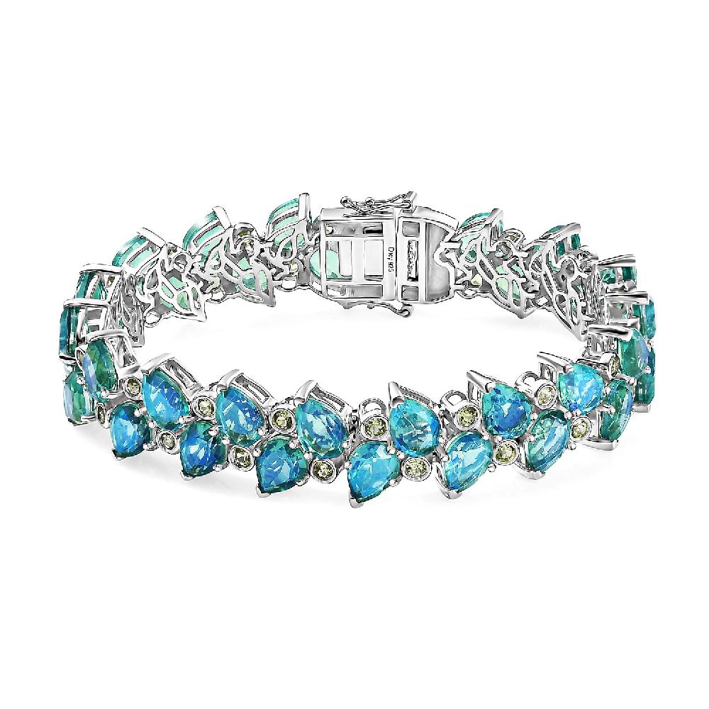 D'Joy Peacock Quartz (Triplet) and Peridot 45.40 ctw Feather Bracelet in Rhodium Over Sterling Silver (7.25 In)
