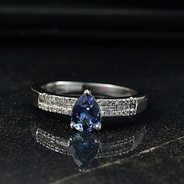 D'Joy Peacock Tanzanite And Diamond 0.90 Ctw First Drop Of Dawn Light Ring In Rhodium Over Sterling Silver