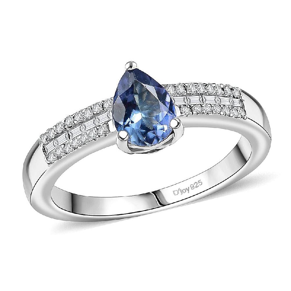 D'Joy Peacock Tanzanite and Diamond 0.90 ctw First Drop of Dawn Light Ring in Rhodium Over Sterling Silver