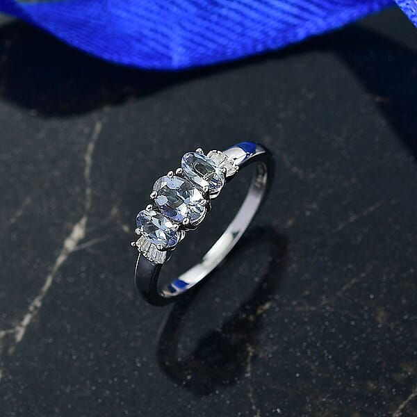 D'Joy Peacock Tanzanite And Diamond 1.10 Ctw Ballerina Ring In Rhodium Over Sterling Silver