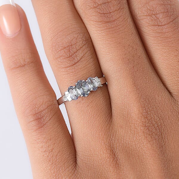 D'Joy Peacock Tanzanite And Diamond 1.10 Ctw Ballerina Ring In Rhodium Over Sterling Silver