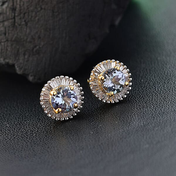 D'Joy Peacock Tanzanite And Diamond 1.30 Ctw Sunburst Earrings In 18K Vermeil Yellow Gold Over Sterling Silver