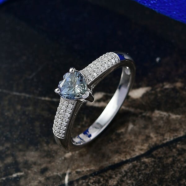 D'Joy Peacock Tanzanite And Moissanite 1.00 Ctw Blue Heart Of Eternity Ring In Rhodium Over Sterling Silver