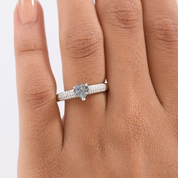D'Joy Peacock Tanzanite And Moissanite 1.00 Ctw Blue Heart Of Eternity Ring In Rhodium Over Sterling Silver