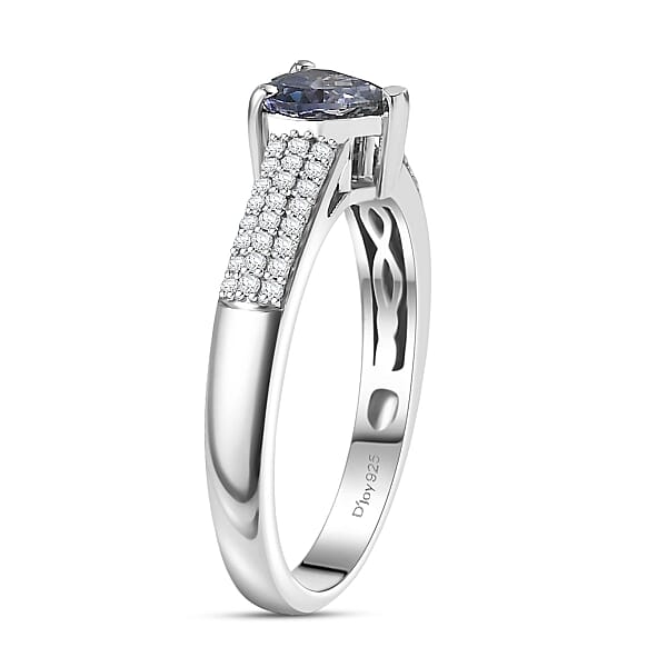 D'Joy Peacock Tanzanite And Moissanite 1.00 Ctw Blue Heart Of Eternity Ring In Rhodium Over Sterling Silver