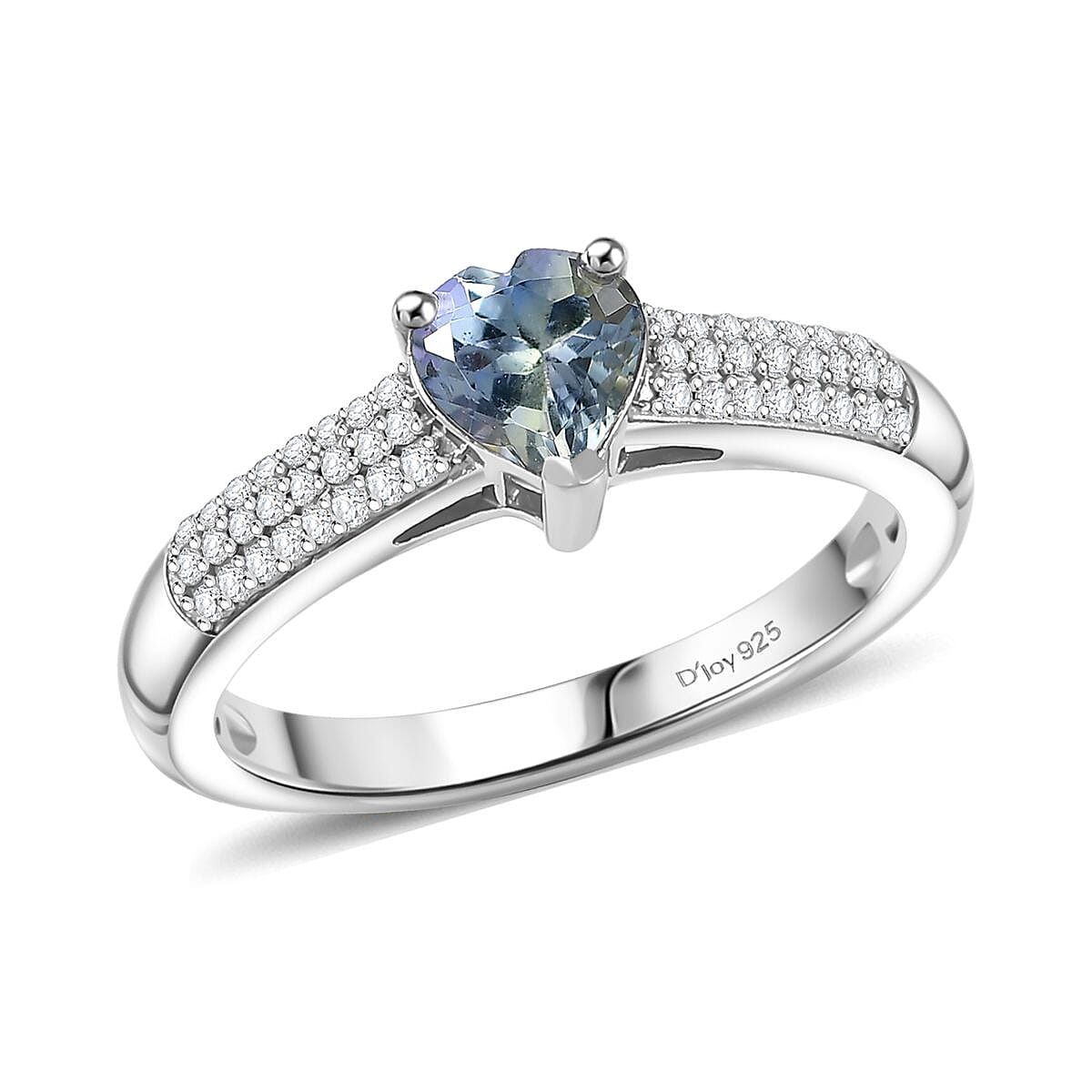 D'Joy Peacock Tanzanite and Moissanite 1.00 ctw Blue Heart of Eternity Ring in Rhodium Over Sterling Silver