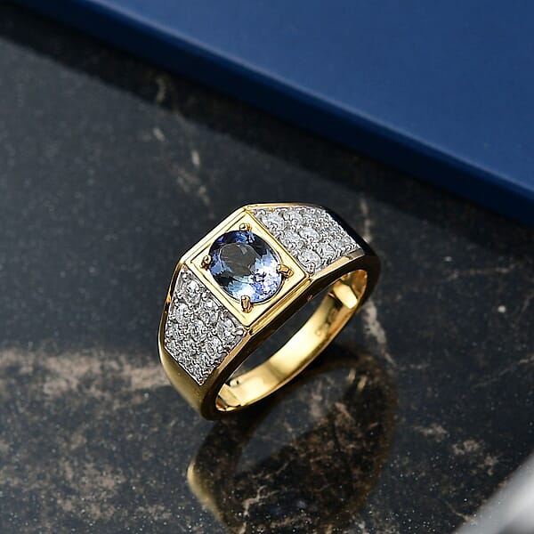 D'Joy Peacock Tanzanite And Moissanite 2.25 Ctw Men's Ring In 18K Vermeil Yellow Gold Over Sterling Silver