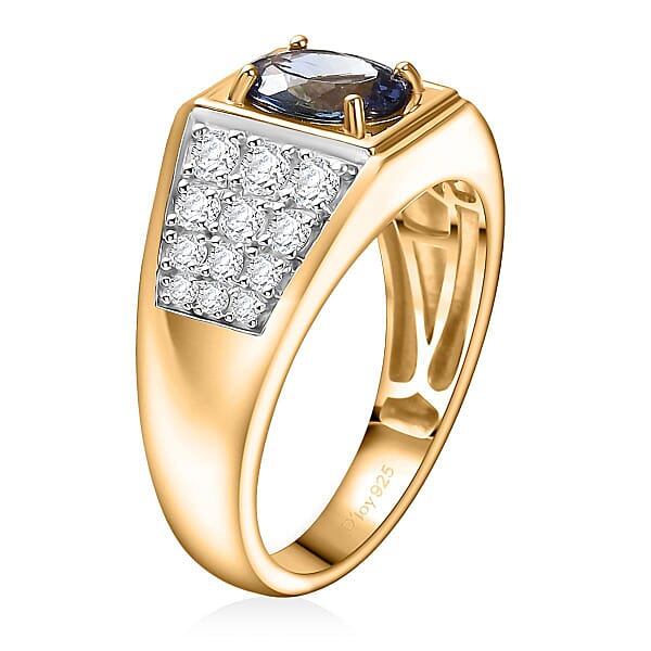 D'Joy Peacock Tanzanite And Moissanite 2.25 Ctw Men's Ring In 18K Vermeil Yellow Gold Over Sterling Silver