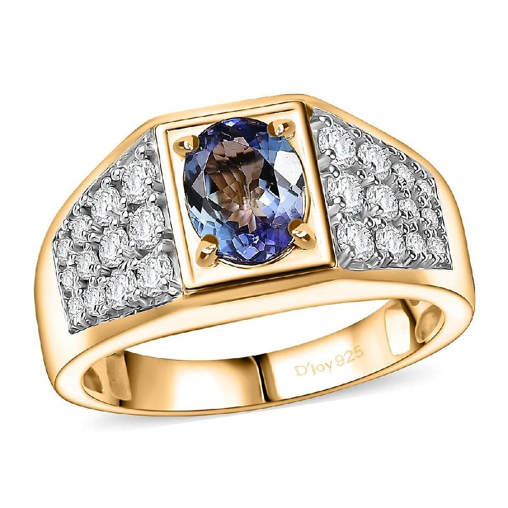 D'Joy Peacock Tanzanite and Moissanite 2.25 ctw Men's Ring in 18K Vermeil Yellow Gold Over Sterling Silver