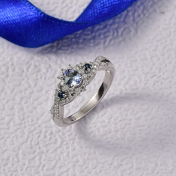 D'Joy Peacock Tanzanite And Multi Gemstone 0.75 Ctw Sunburst Ring In Rhodium Over Sterling Silver
