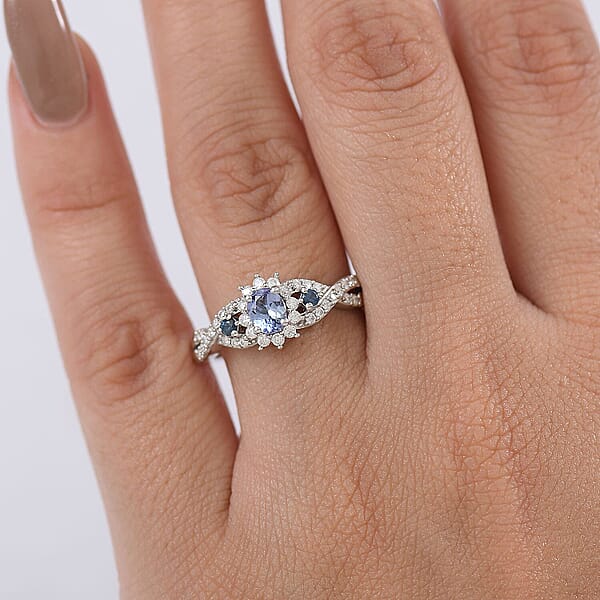 D'Joy Peacock Tanzanite And Multi Gemstone 0.75 Ctw Sunburst Ring In Rhodium Over Sterling Silver