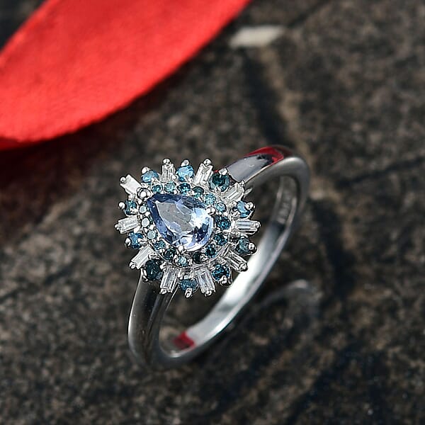 D'Joy Peacock Tanzanite Blue And White Diamond 0.75 Ctw Sunburst Halo Ring In Rhodium Over Sterling Silver