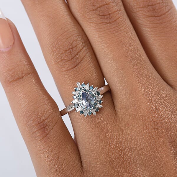 D'Joy Peacock Tanzanite Blue And White Diamond 0.75 Ctw Sunburst Halo Ring In Rhodium Over Sterling Silver