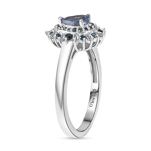D'Joy Peacock Tanzanite Blue And White Diamond 0.75 Ctw Sunburst Halo Ring In Rhodium Over Sterling Silver
