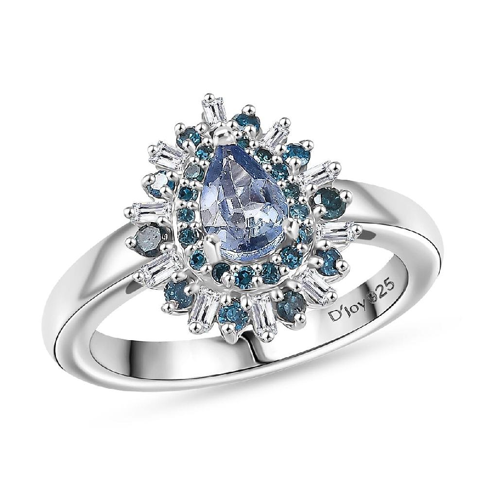 D'Joy Peacock Tanzanite Blue and White Diamond 0.75 ctw Sunburst Halo Ring in Rhodium Over Sterling Silver