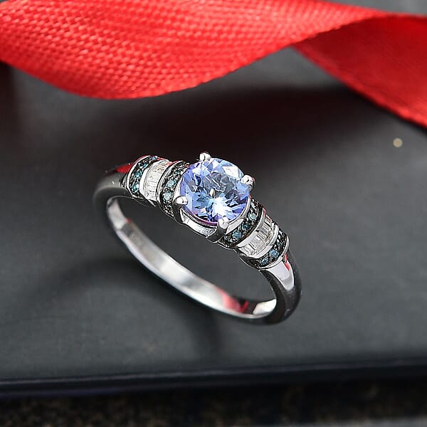 D'Joy Peacock Tanzanite Blue And White Diamond Ring In Rhodium Over Sterling Silver 1.00 Ctw