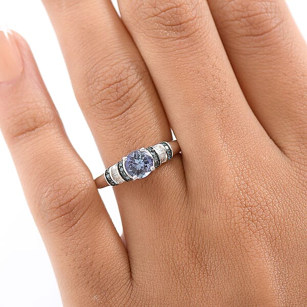 D'Joy Peacock Tanzanite Blue And White Diamond Ring In Rhodium Over Sterling Silver 1.00 Ctw