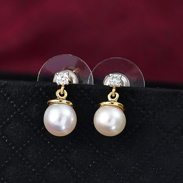 D'Joy Pearl And Lab Grown Diamond I3 0.10 Ctw Earrings In 18K Vermeil Yellow Gold Over Sterling Silver