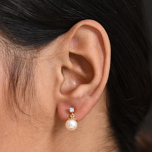 D'Joy Pearl And Lab Grown Diamond I3 0.10 Ctw Earrings In 18K Vermeil Yellow Gold Over Sterling Silver