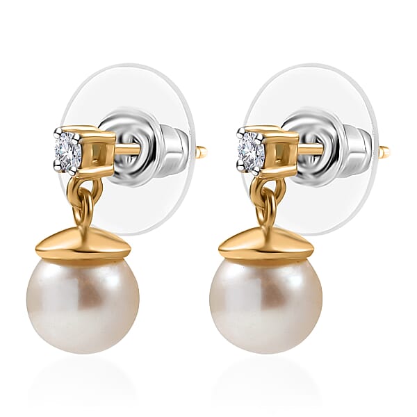 D'Joy Pearl And Lab Grown Diamond I3 0.10 Ctw Earrings In 18K Vermeil Yellow Gold Over Sterling Silver