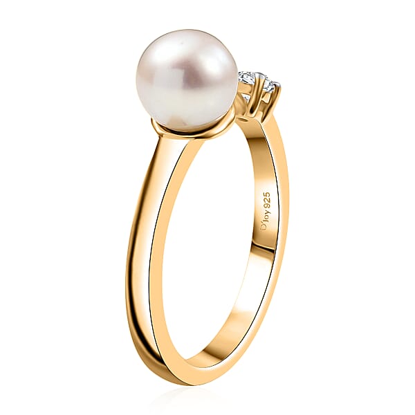 D'Joy Pearl And Lab Grown Diamond I3 0.10 Ctw Ring In 18K Vermeil Yellow Gold Over Sterling Silver