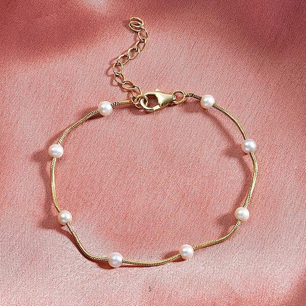 D'Joy Pearl Station Necklace 18-20 Inches In 18K Vermeil Yellow Gold Over Sterling Silver