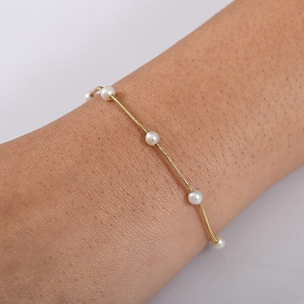 D'Joy Pearl Station Necklace 18-20 Inches In 18K Vermeil Yellow Gold Over Sterling Silver