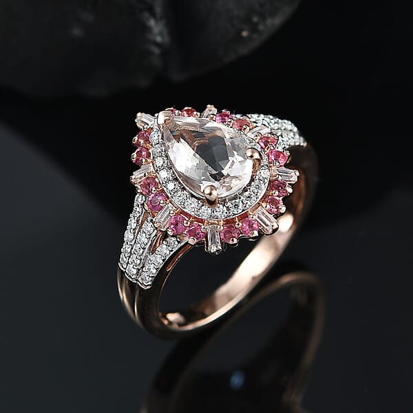 D'Joy Pink Morganite And Multi Gemstone 2.00 Ctw Ring In 18K Vermeil Rose Gold Over Sterling Silver