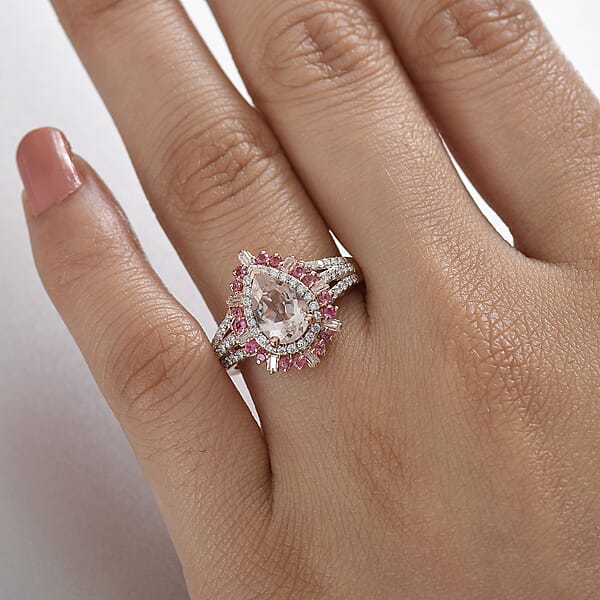D'Joy Pink Morganite And Multi Gemstone 2.00 Ctw Ring In 18K Vermeil Rose Gold Over Sterling Silver
