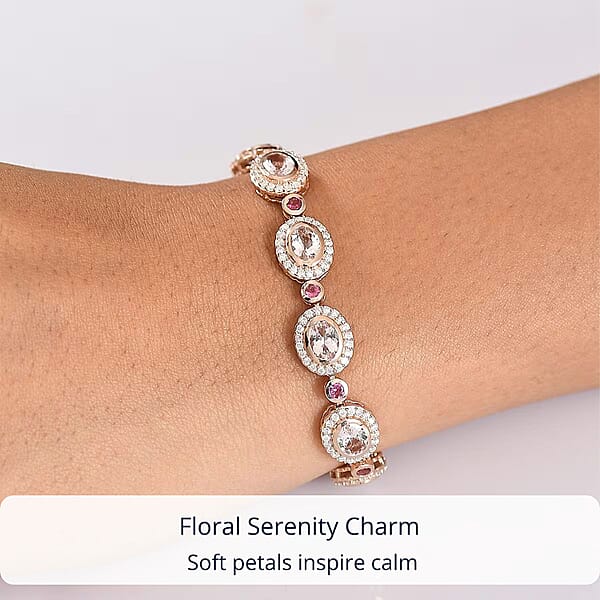 D'Joy Pink Morganite And Multi Gemstone 9.75 Ctw Floral Serenity Bracelet In 18K Vermeil Rose Gold Over Sterling Silver (6.50 In)