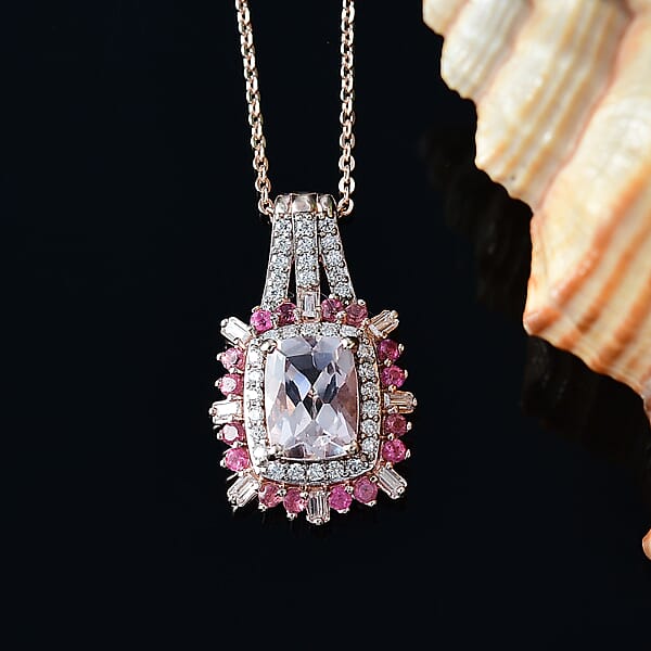 D'Joy Pink Morganite Multi Gemstone Pendant Necklace In 18K Vermeil RG Over Sterling Silver 1.90 Ctw (20 Inches)