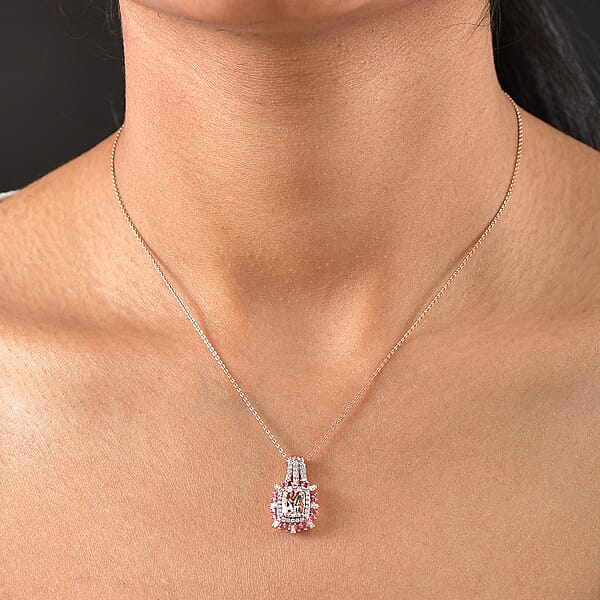 D'Joy Pink Morganite Multi Gemstone Pendant Necklace In 18K Vermeil RG Over Sterling Silver 1.90 Ctw (20 Inches)