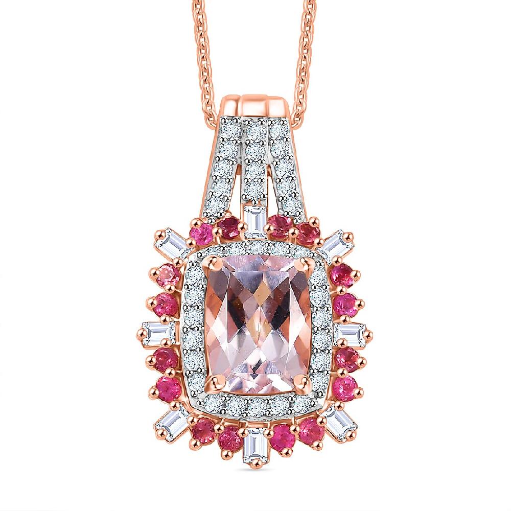 D'Joy Pink Morganite Multi Gemstone Pendant Necklace in 18K Vermeil RG Over Sterling Silver 1.90 ctw (20 Inches)