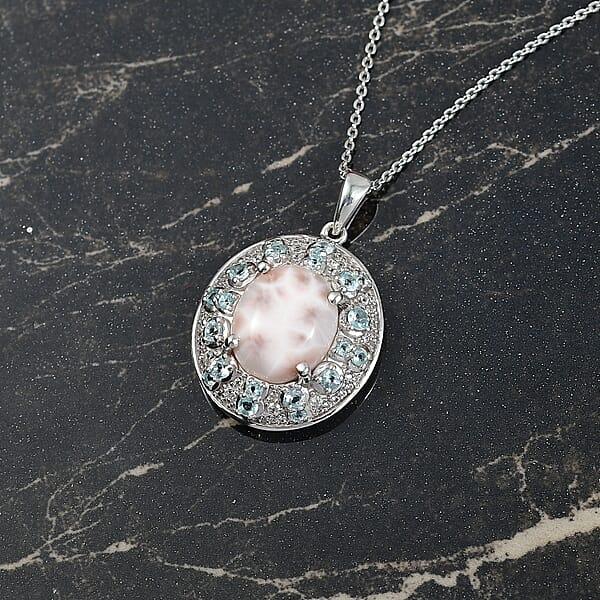 D'Joy Pink Natrolite And Multi Gemstone 5.10 Ctw Art Deco Pendant Necklace 20 Inches In Rhodium Over Sterling Silver