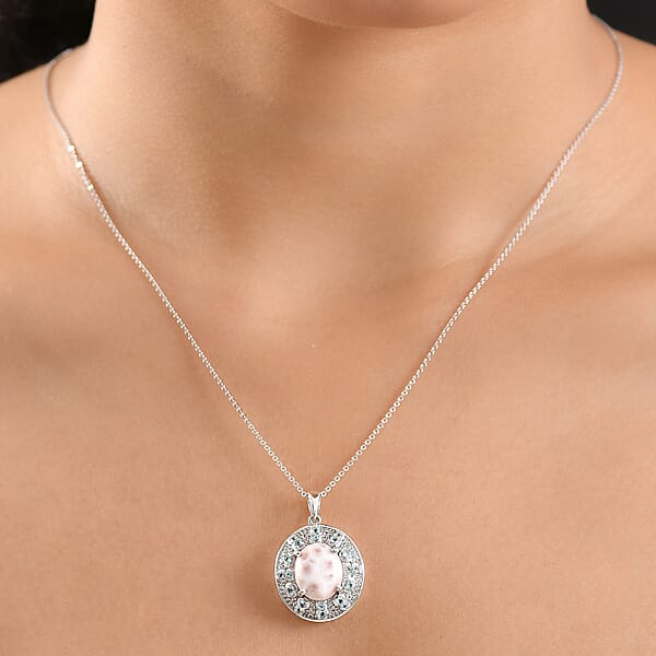 D'Joy Pink Natrolite And Multi Gemstone 5.10 Ctw Art Deco Pendant Necklace 20 Inches In Rhodium Over Sterling Silver
