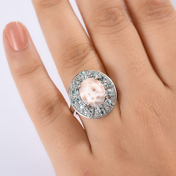 D'Joy Pink Natrolite And Multi Gemstone 5.25 Ctw Ocean Bloom Ring In Rhodium Over Sterling Silver