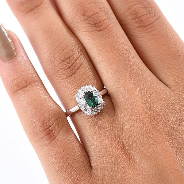 D'Joy Pirineu Lagoon Tourmaline And Moissanite 1.00 Ctw Ring In Rhodium Over Sterling Silver
