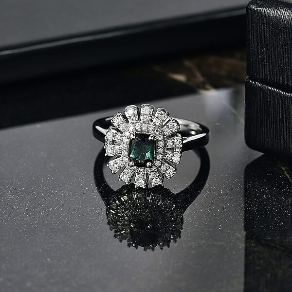 D'Joy Pirineu Lagoon Tourmaline And Moissanite 1.00 Ctw Ring In Rhodium Over Sterling Silver