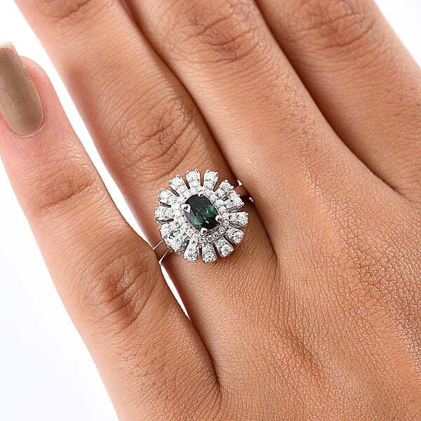 D'Joy Pirineu Lagoon Tourmaline And Moissanite 1.00 Ctw Ring In Rhodium Over Sterling Silver
