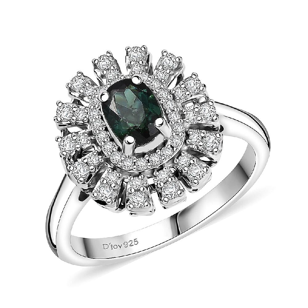 D'Joy Pirineu Lagoon Tourmaline and Moissanite 1.00 ctw Ring in Rhodium Over Sterling Silver
