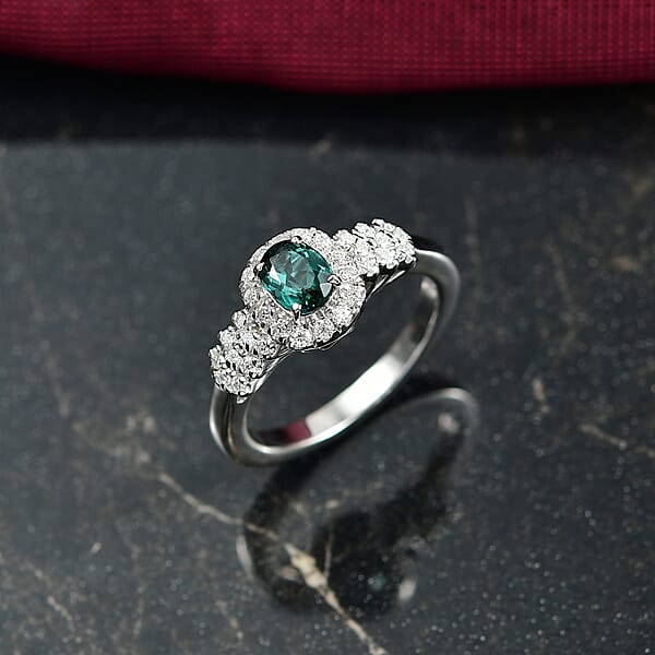 D'Joy Pirineu Lagoon Tourmaline And Moissanite 1.00 Ctw Ring In Rhodium Over Sterling Silver
